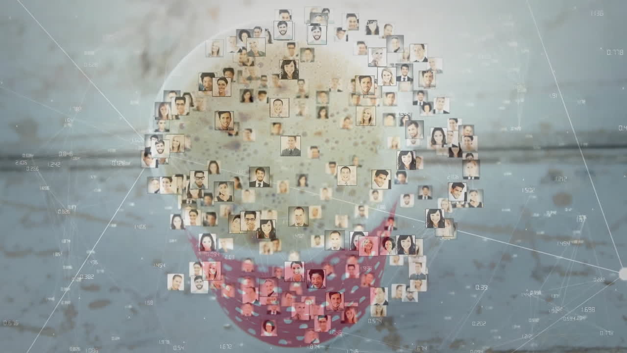 Dozens headshots clustering around coffee mug on tabletop, showing technology network stats