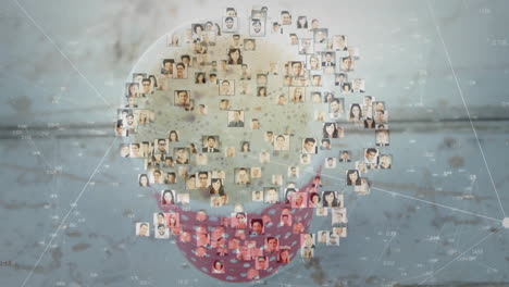dozens headshots clustering around coffee mug on tabletop, showing technology network stats