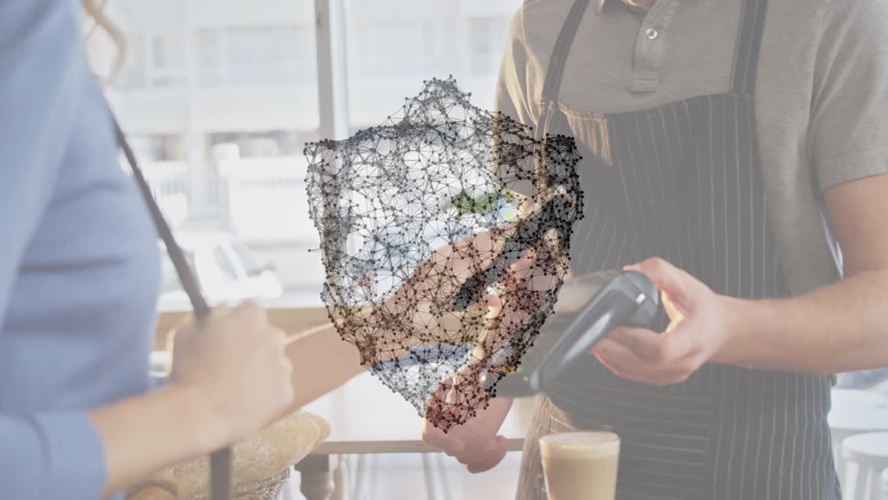 анимация сети соединений с защитным щитом над людьми, использующими платежный терминал