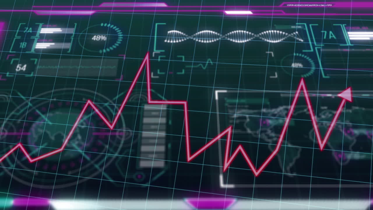 Animation of fluctuating graph line over digital interface with data and world map