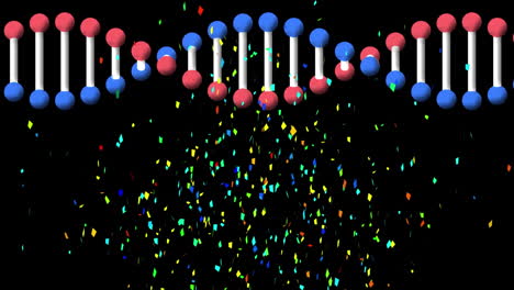 검은 바탕에 회전하는 dna 가닥 위에 떨어지는 다채로운 콘페티의 애니메이션