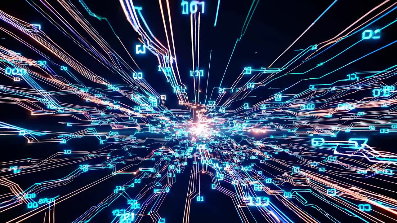 Dynamic video concept of digital data streams in a futuristic style, captured from a central