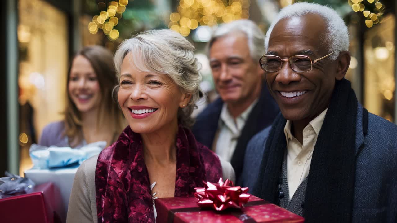 Joyful Group of Friends Celebrates the Holiday Season While Joyfully Carrying Gifts in a Festively Decorated Indoor Space Surrounded by Beautiful Lights and Warm Atmosphere
