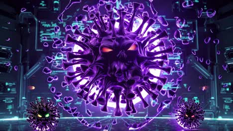 virus agresivo evolucionando y mutando, irradiando energía púrpura y mostrando ojos rojos amenazantes, en un telón de fondo de interfaz tecnológica futurista