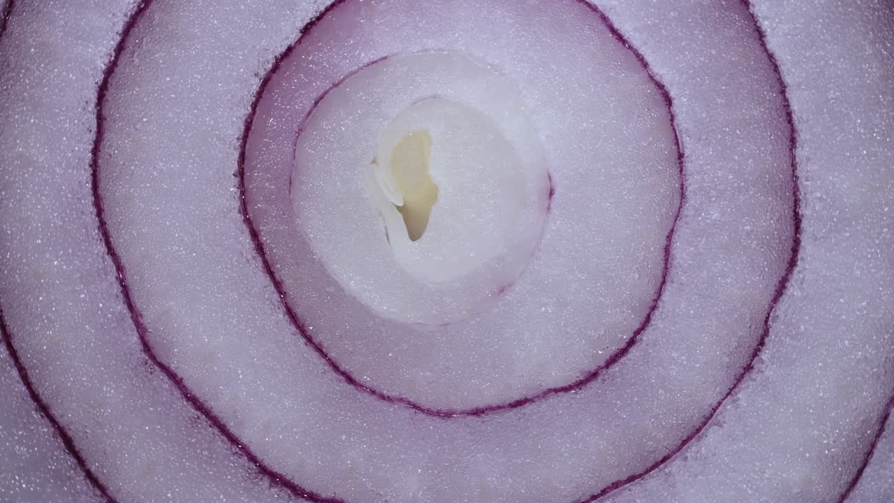 Texture Red Onion Rings Rotating, Close-up Top View. Harvested  Healthy Food Background With Vegetable Of Rich Vitamin. Sweet Red Spanish Onion Macro Shot. Food Background Closeup Sliced Purple Onion
