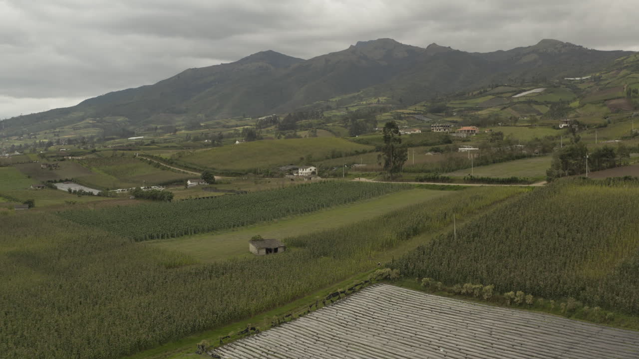 Panoramic view of agricultural fields and distant mountains under an overcast sky