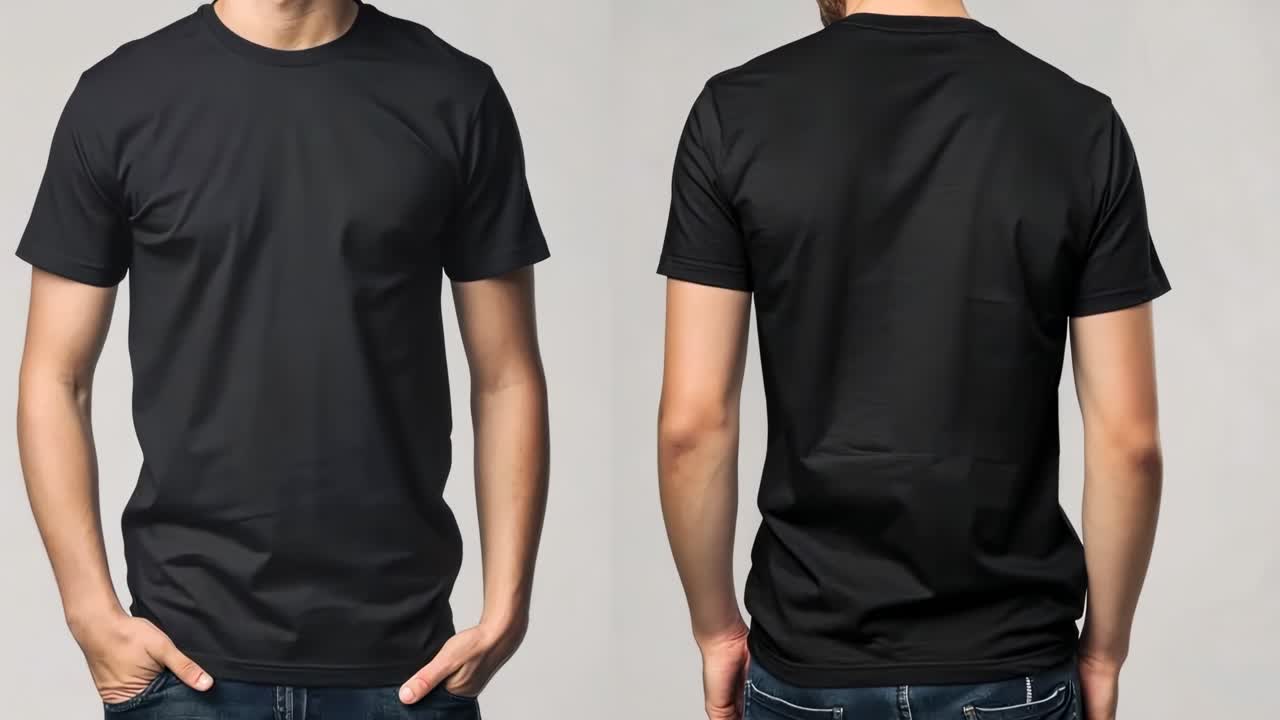 Front and back view of a black t-shirt on a model, captured at eye level