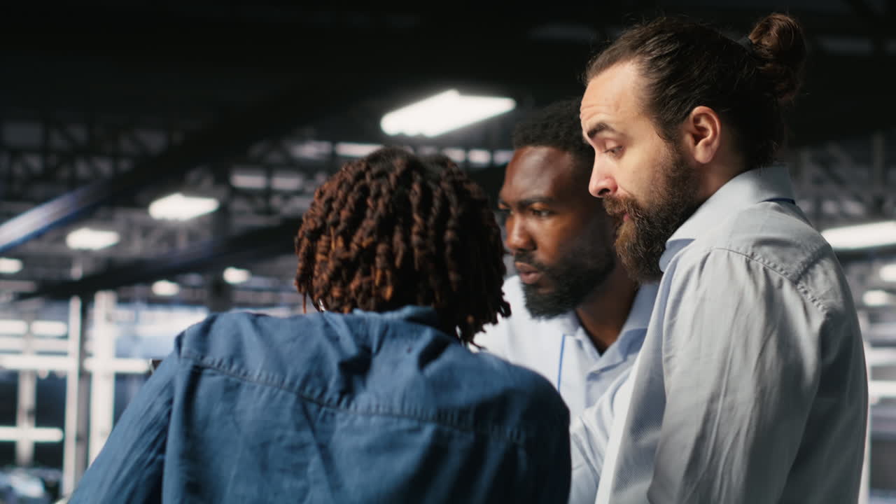 Stressed technicians in server room fighting each other after hacking attempt