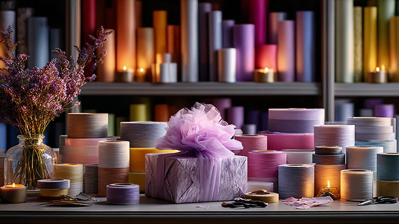 An Enchanting Display of Colorful Gift Wraps, Elegant Candles, and Delicate Floral Arrangements Creating a Cozy Atmosphere for Celebrations and Special Occasions