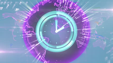 animación de un reloj que se mueve rápidamente por el globo con redes de conexiones y un mapa del mundo