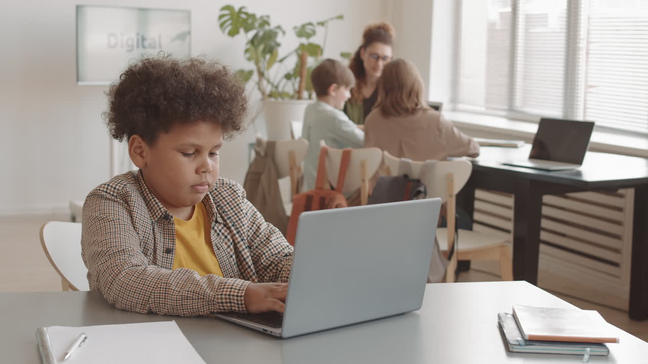 Biracial Boy Using Laptop in Classroom