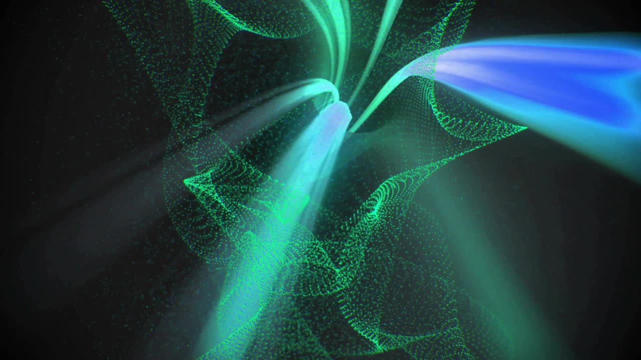 Central vortex pulsing, ribbons sweeping pulling dotted mesh into twisting column showing hue flow