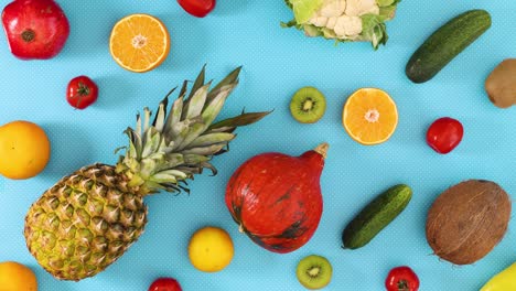 fruits and vegetables blinking on blue theme. stop motion