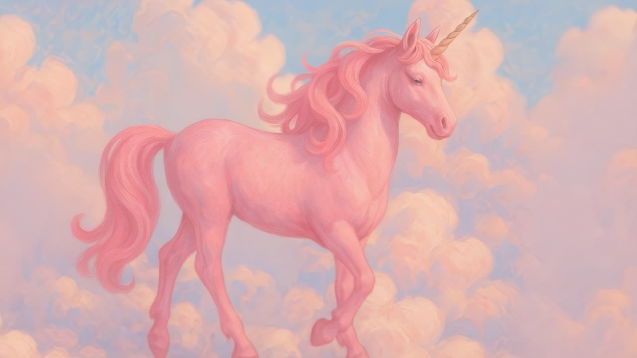A whimsical scene unfolds as a pink unicorn with a shimmering golden horn strolls gracefully through soft, puffy clouds. The background is bathed in pastel hues, creating an ethereal atmosphere. This enchanting creature exudes a sense of innocence and wonder, captivating all who gaze upon it. The cl
