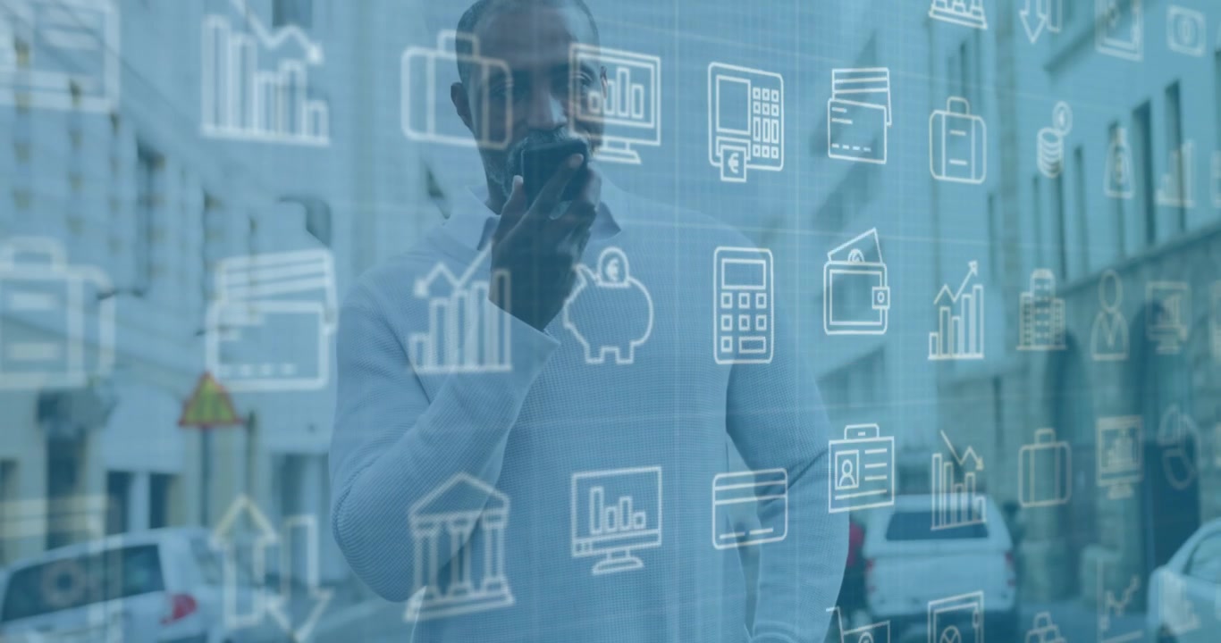 Businessman scrolling smartphone on street summoning finance icons via voice command updating chart