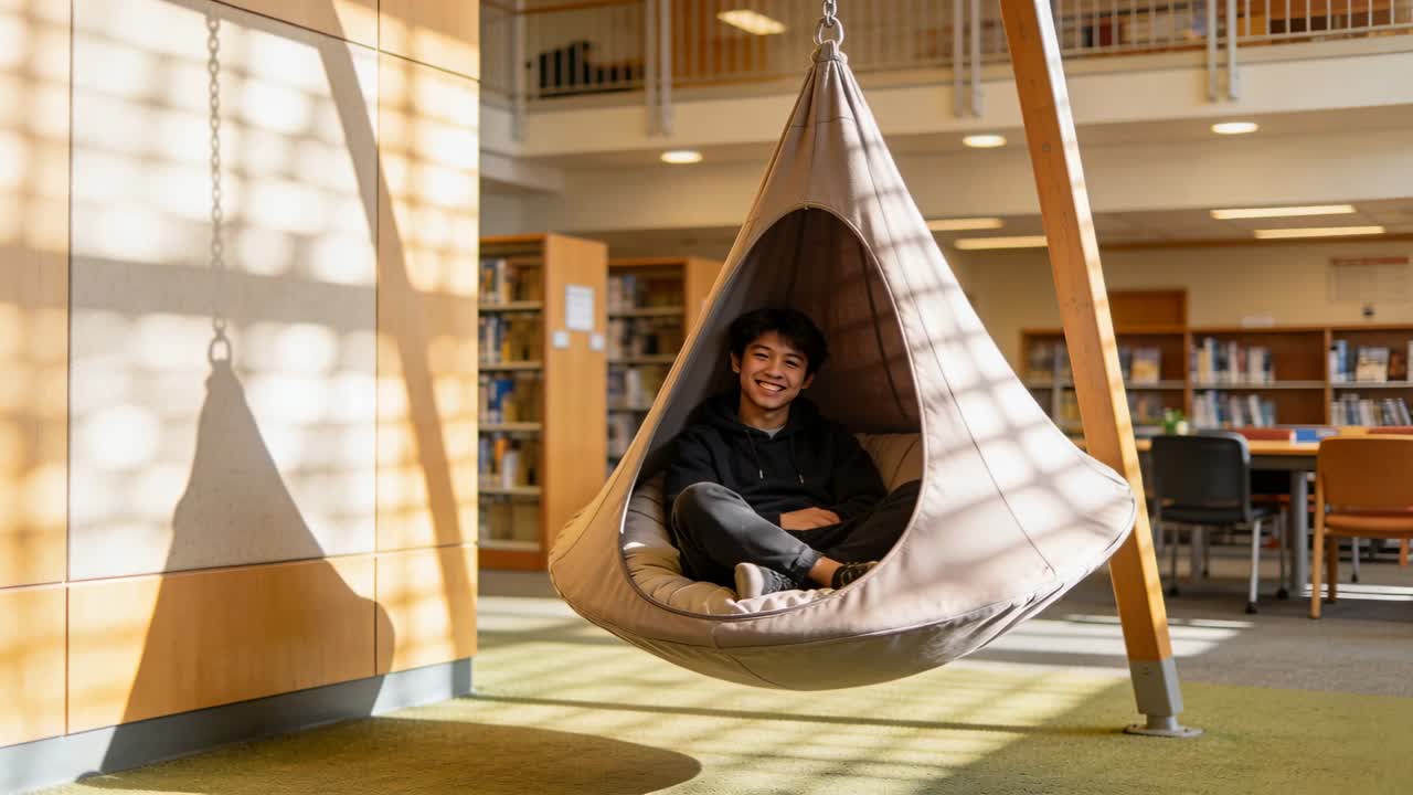 Studente adolescente maschio che si sistema in un pod sospeso in biblioteca, sorridendo e appoggiandosi all'indietro per una pausa dallo studio.