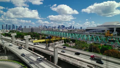 Crane-type-shot-of-Overpass-construction-highway-in-downtown-Miami,-Florida,-America