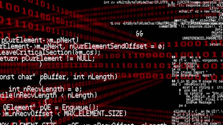 Animation of computer code processing on black and red background