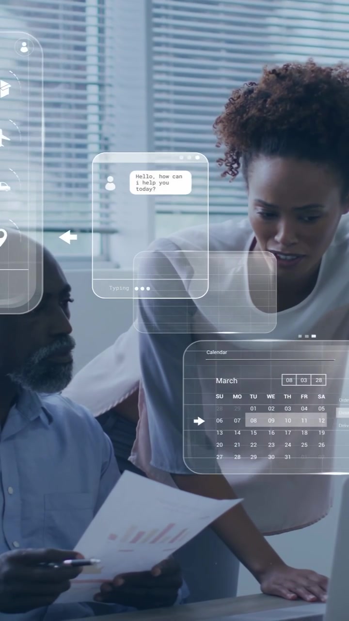 Vertical video: Team leaning reading charts, woman pointing causing HUD graphs confirming biz plan