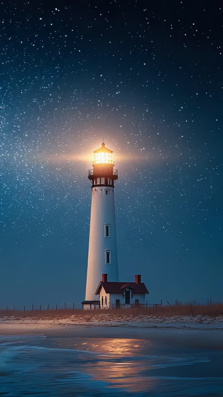 A Majestic Lighthouse Illuminating the Night Sky Under Stars, Guiding ...