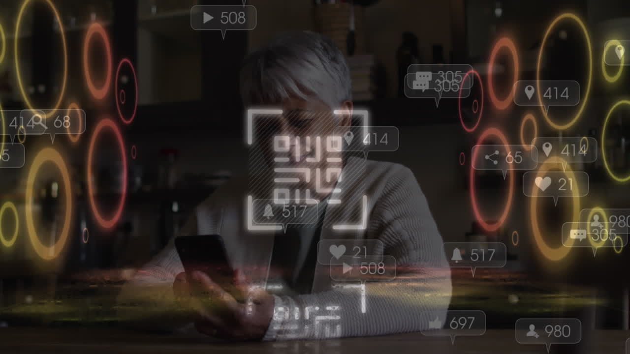 animación de código qr sobre mujer usando teléfono inteligente