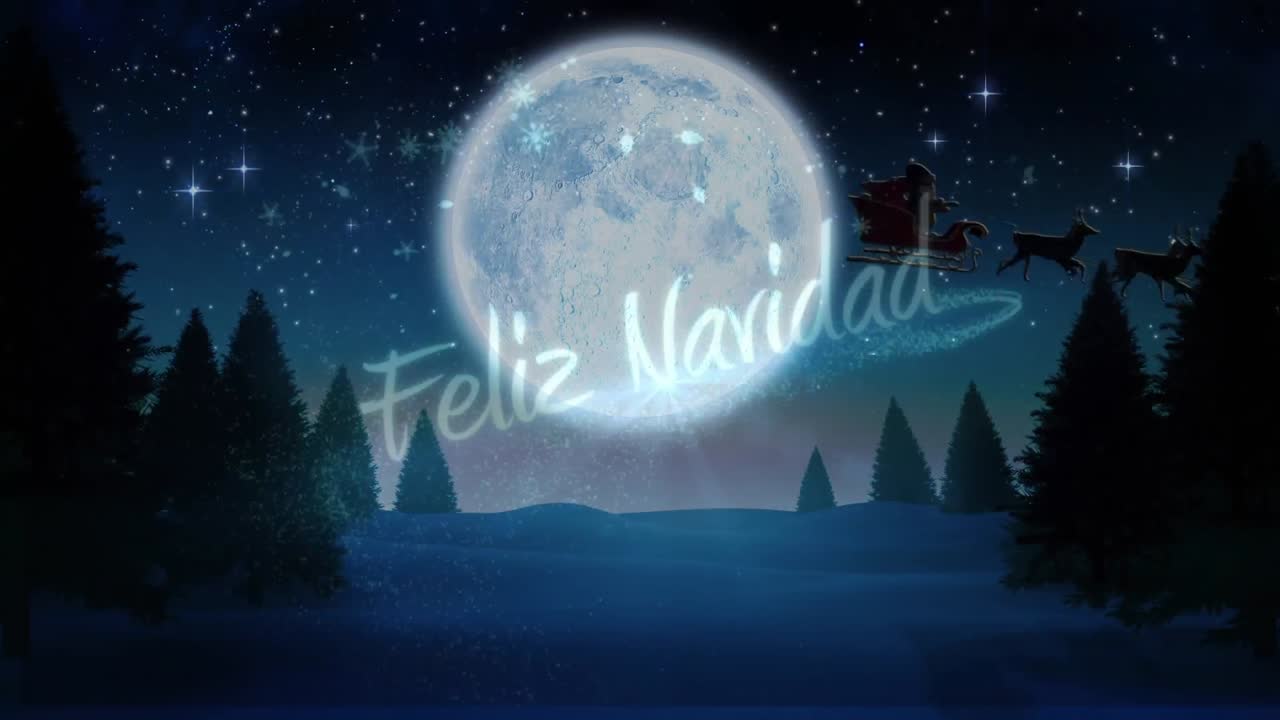 Weihnachtsmann im Schlitten, gezogen von Rentieren, vor dem Text „Feliz Navidad“