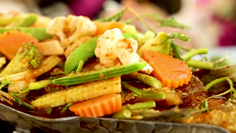 vibrant mixed vegetables with prawns in sour soup