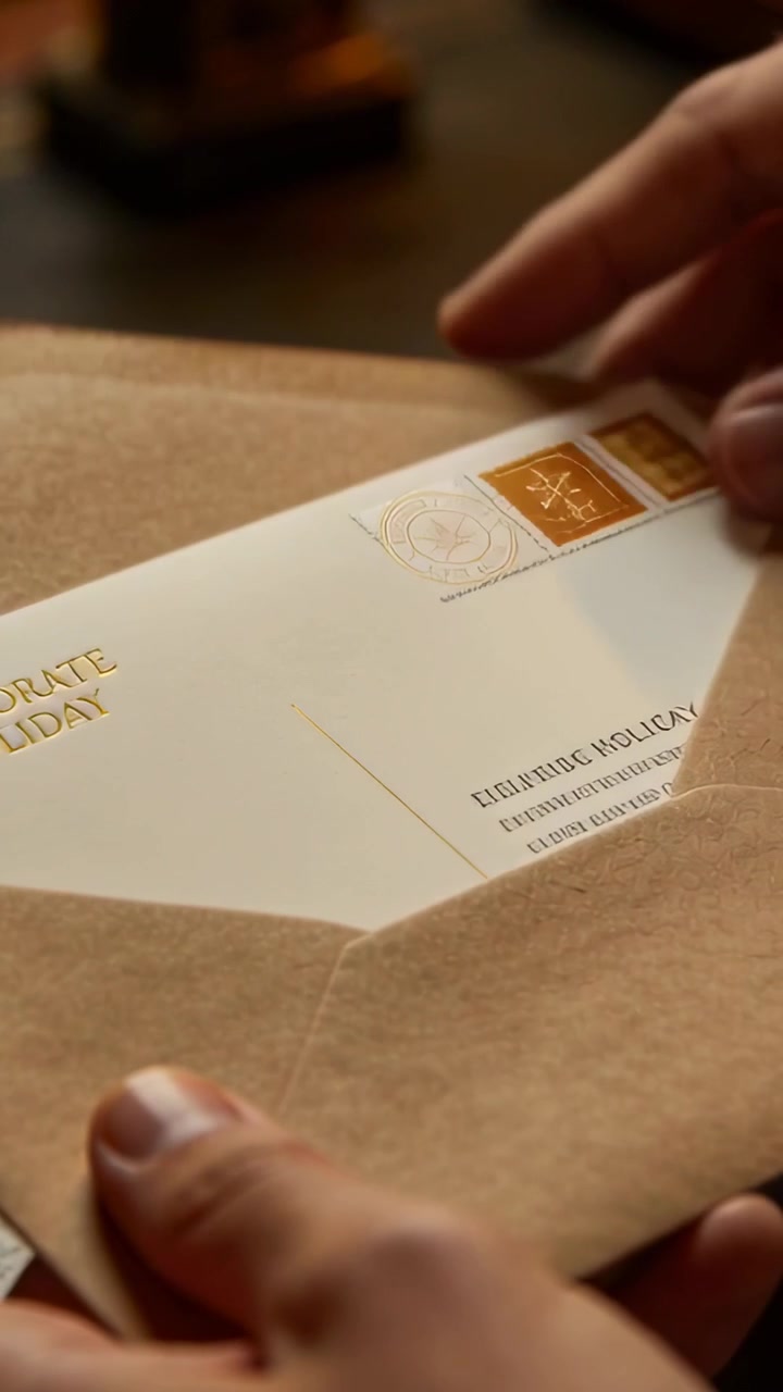 Video verticale: Apertura di una busta di carta kraft, mani che fanno scivolare un biglietto di auguri aziendali sulla scrivania rivelando del testo.
