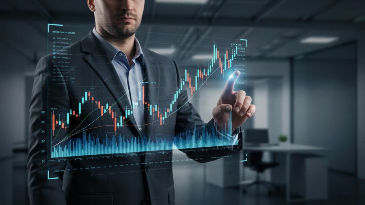 A Professional in Business Attire Interacting with a Digital Financial Chart, Showcasing Data Analysis and Stock Market Trends in a Modern Office Environment