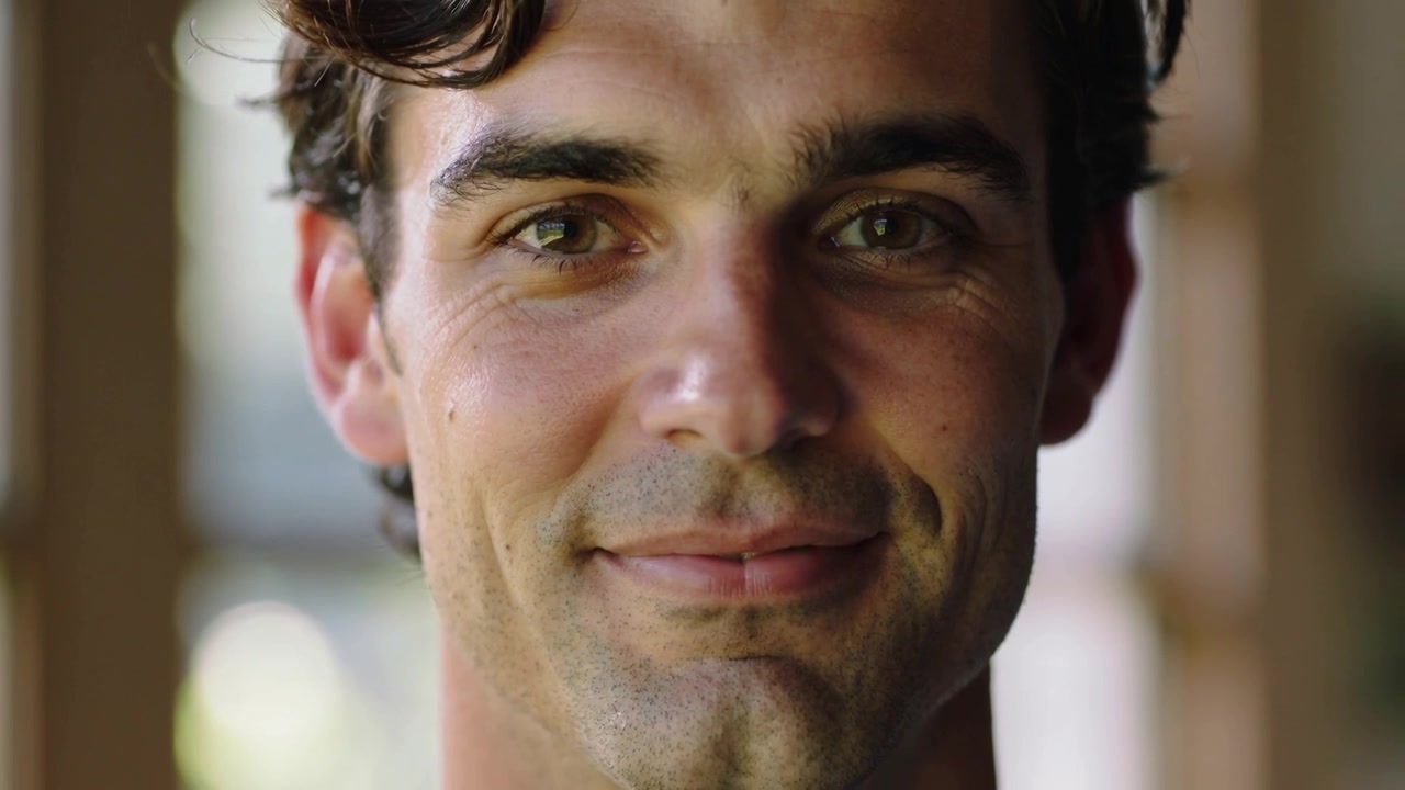 Shifting man holding eye contact as camera pulling back before window wearing tee for portrait