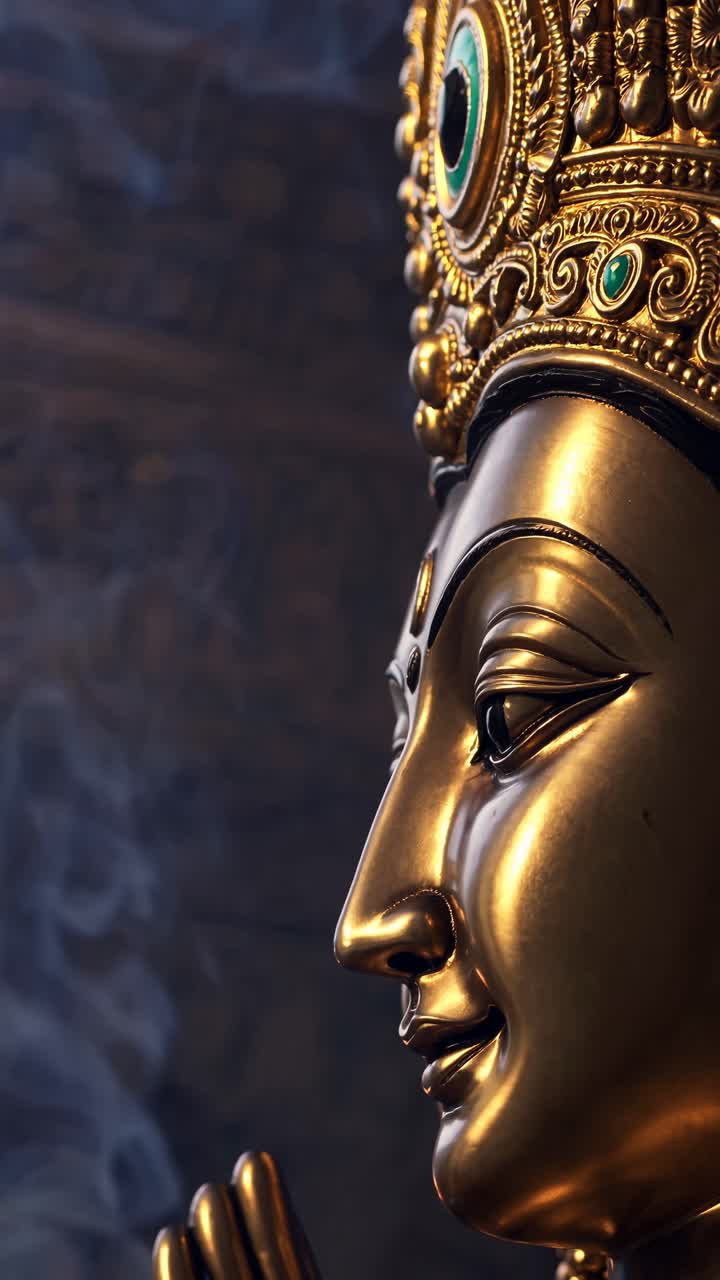 Angolazione laterale ravvicinata di una statua dorata di divinità con dettagli intricati, circondata da fumo d'incenso.