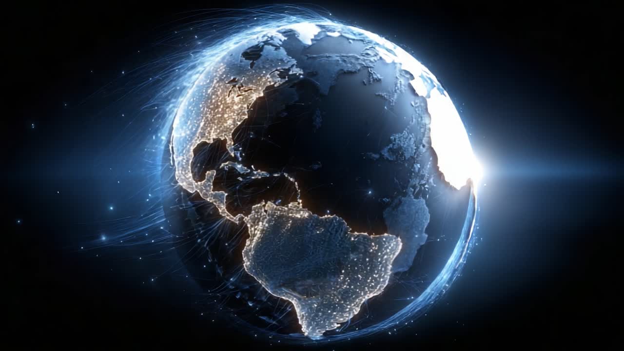 Et fengslende visuelt perspektiv av jorden opplyst om natten, som viser pulserende bylys og dynamisk energiflyt over kontinenter i imponerende detalj.