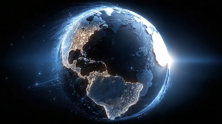 Uma Perspectiva Visual Cativante da Terra Iluminada à Noite, Mostrando Luzes Vibrantes das Cidades e Energia Dinâmica Fluindo Pelos Continentes com Detalhes Deslumbrantes