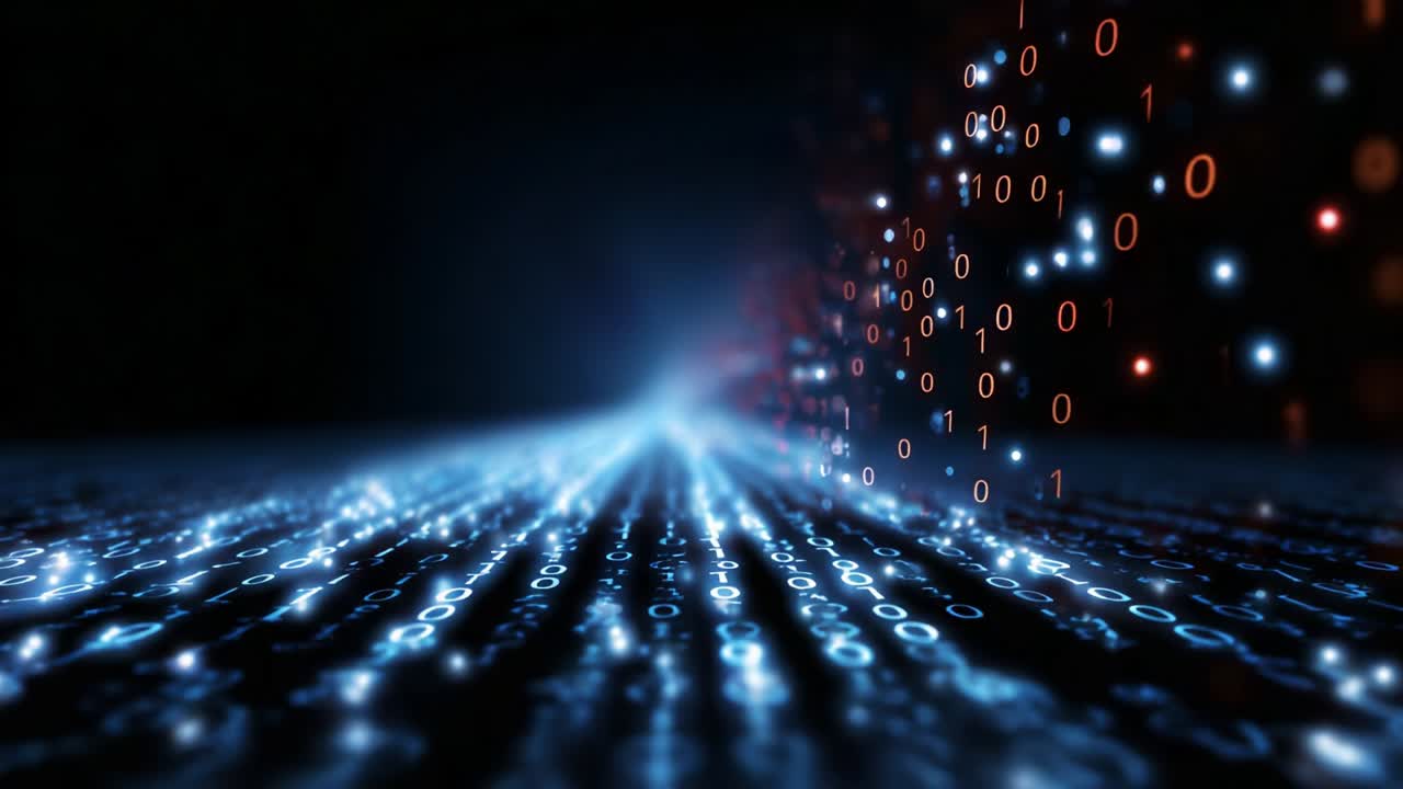 A mesmerizing view of a digital landscape illuminated by streams of binary code, showcasing the flow of information in an abstract futuristic environment filled with glowing zeros and ones, evoking a sense of vast connectivity and technological advancement