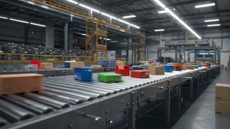 an overview of an automated warehouse system featuring a high-speed conveyor belt transporting colorful packages in an industrial setting
