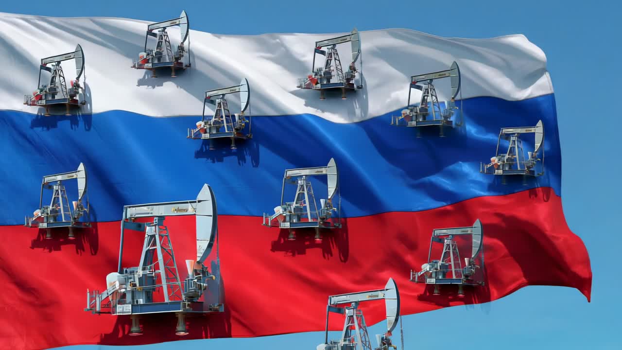 Breeze animating Russian tricolor flag with pumpjacks in clear sky, creating metallic reflections