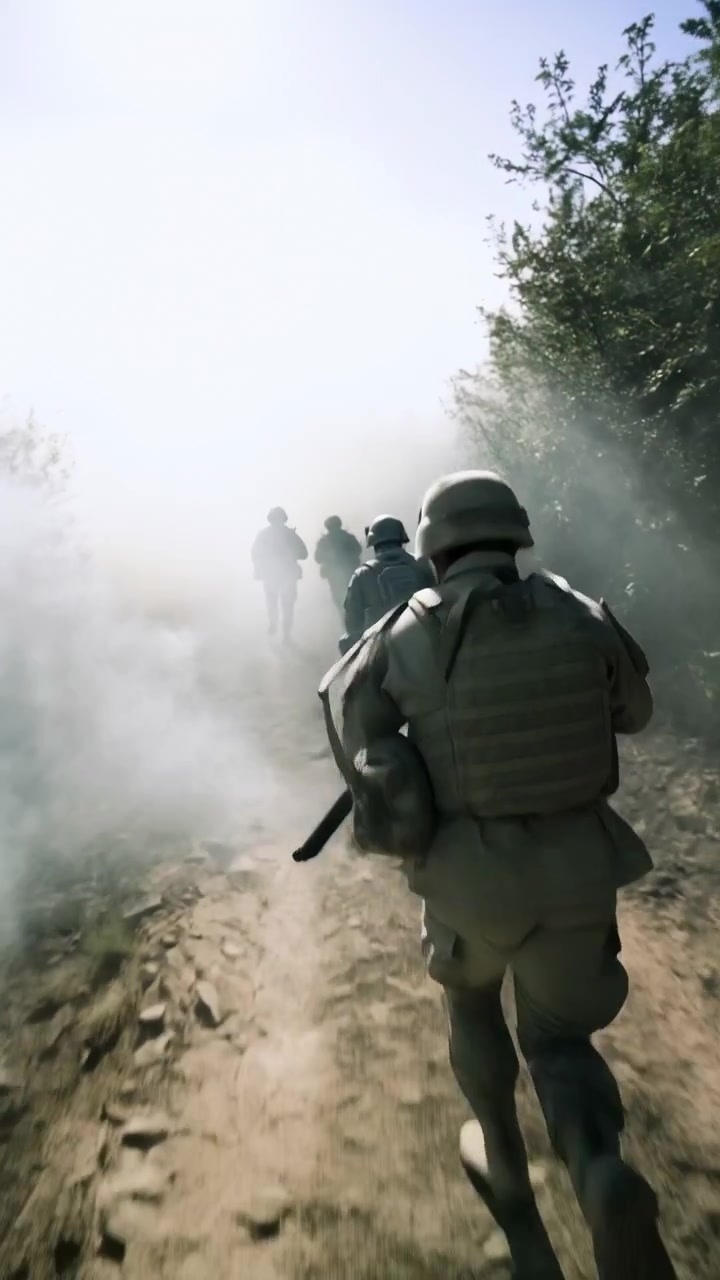 Een achteraanzicht volgt verschillende gehelmde figuren die zich snel door drijvende rook bewegen op een ruig bospad, met beschermende vesten, een veldtas, fel zonlicht en loofbomen.