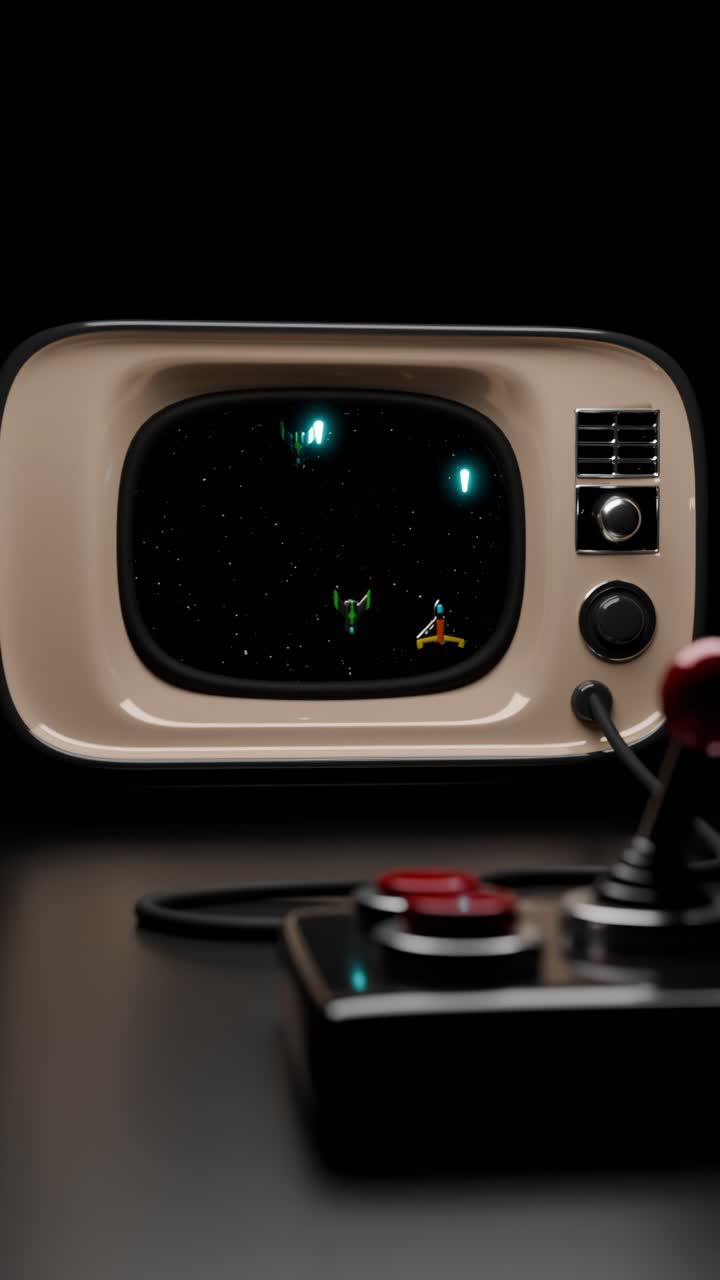 조이스틱과 함께 빈티지 tv에서 레트로 우주 게임