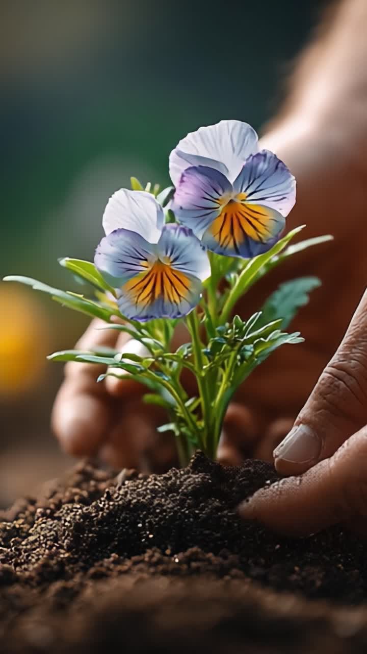 Nurturing Nature: A Close-Up of a Gardener's Hands Planting a Beautiful Multicolored Pansy Flower in the Soil, Symbolizing Growth and Care for Living Things