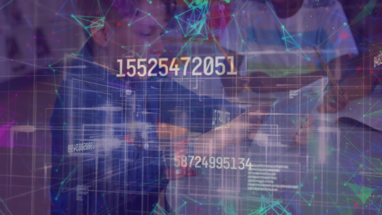 animación de fórmulas matemáticas en movimiento y procesamiento de datos sobre niños que usan teléfonos inteligentes
