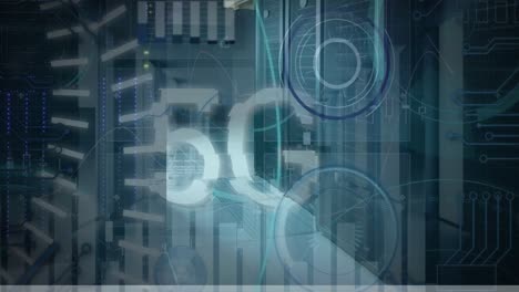 animation of 5g text, statistics and data processing over computer servers in background