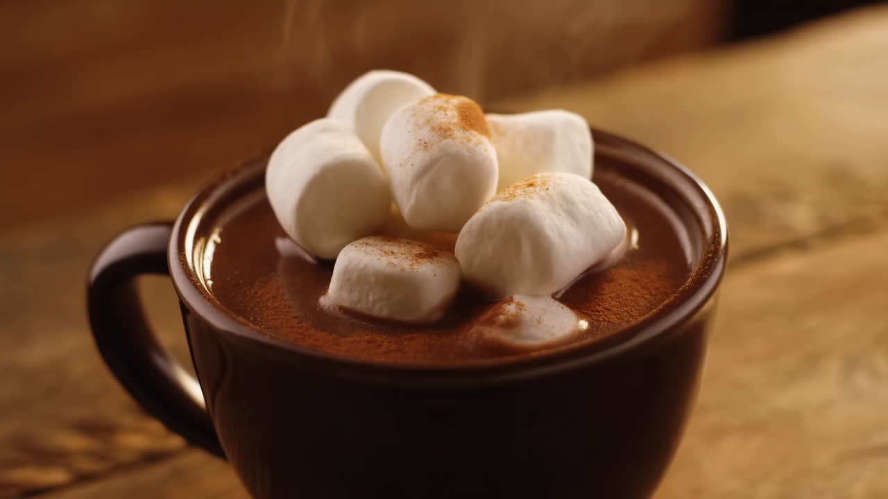 Cioccolata calda fumante con marshmallow in una tazza