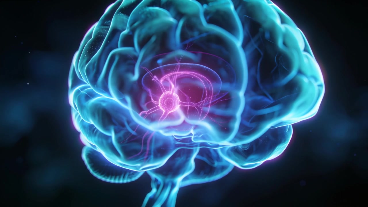 Rotating 3D brain revealing pulsing magenta core, cyan cortex and neural pathways in gradient space