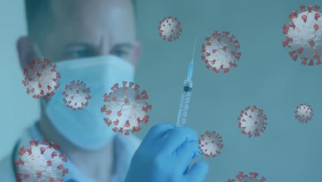 Animation-of-covid-19-cells-and-male-doctor-wearing-mask-preparing-vaccine-syringe