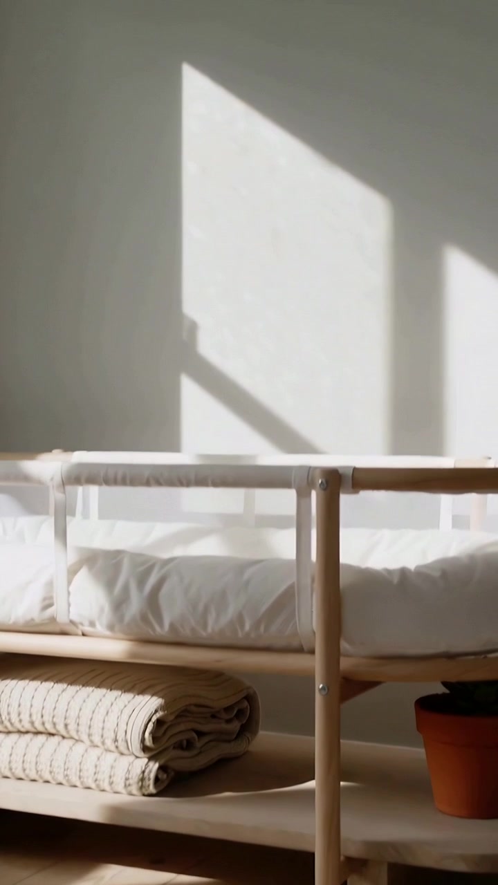Vertical video: Tilting camera showing wooden crib in nursery with blanket, clay pot and sunlight