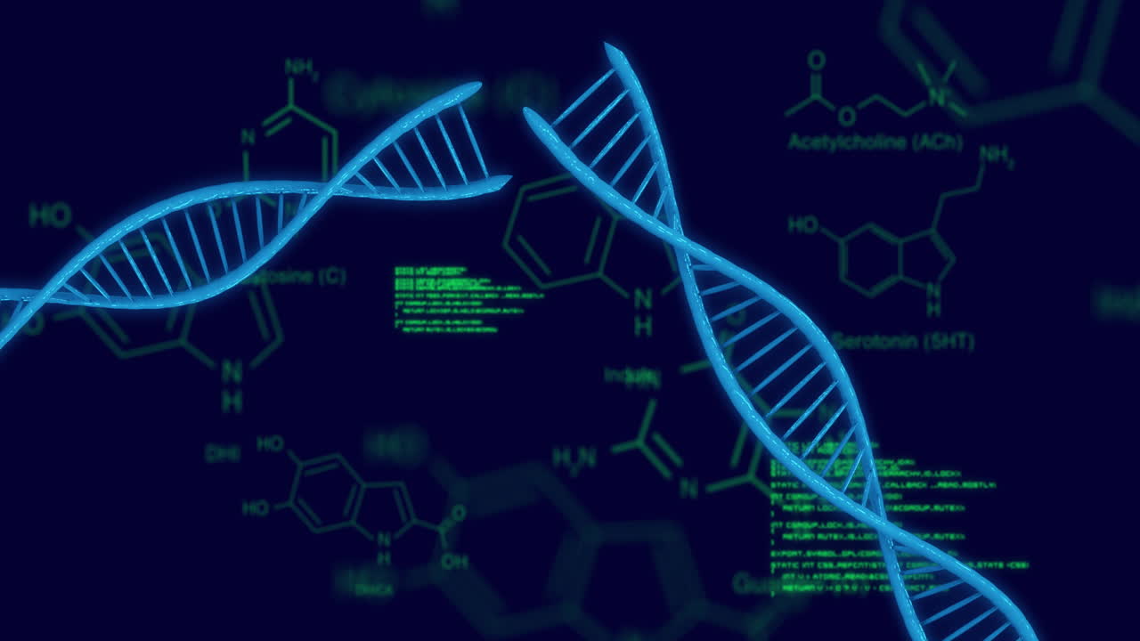 animación del procesamiento de datos científicos y cadenas de adn sobre un fondo oscuro