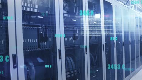 animación de números cambiantes, puntos de luz y procesamiento de datos contra la sala de servidores de computadora