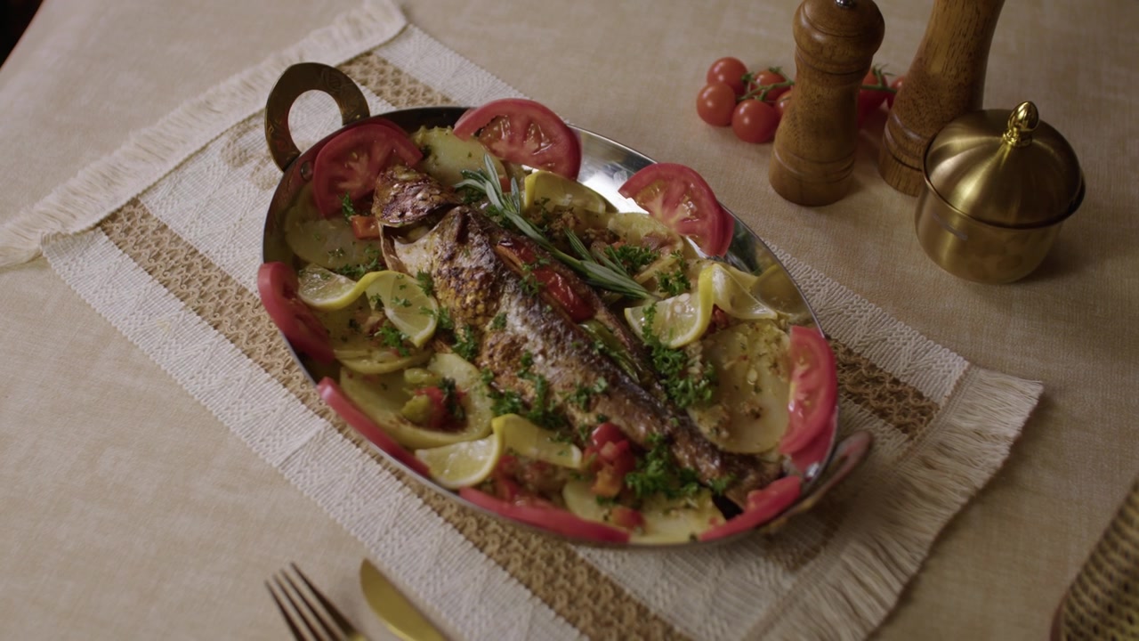 Peixe inteiro assado guarnecido com limão, tomate e ervas em uma travessa tradicional