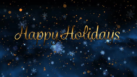 happy holidays text animation with snowflakes and golden particles on dark blue background