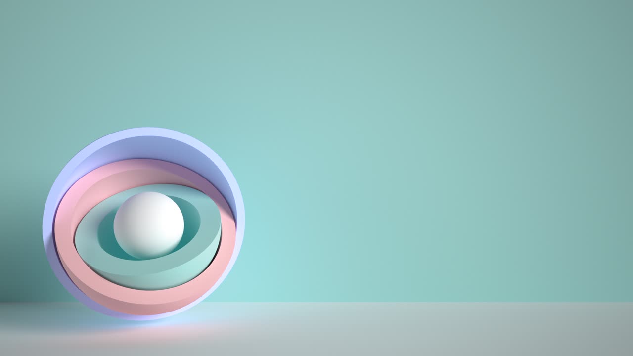 diseño de movimiento minimalista en 3d, bola escondida dentro de hemisferios coloridos, capas que se abren, objetos geométricos simples, formas primitivas aisladas en fondo azul, imagen en vivo, póster animado moderno